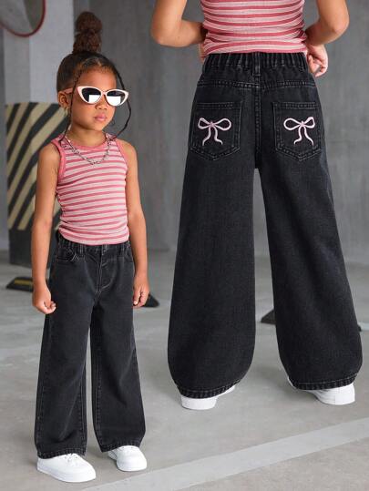 SHEIN Young Girls Fashionable Casual Washed Denim Straight-Leg Pants With Embroidered Back Pockets Wide Leg Jeans Kidsbaggy Jeans Young Girl Girls, School, Campus, College Summer Holiday