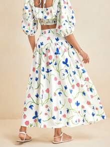 EBIB 夏季花卉印花A字长裙度假裙