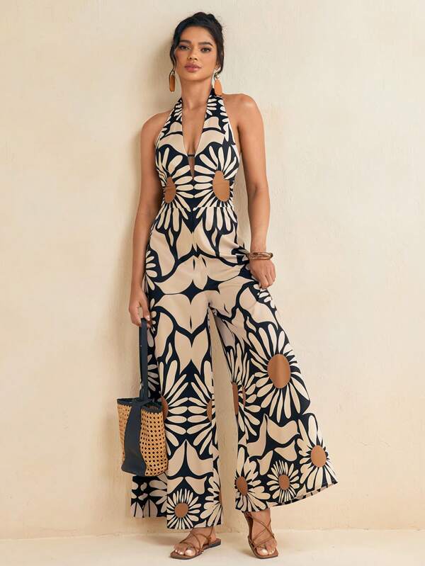 JIAN LASALA Women Multicolor Jumpsuits Boho Halter Sleeveless All Over Print,Plants Backless,Knot,Cut Out Summer Outfits For Women Summer Jumpsuits Vacation Outfits Going Out, Beach Outfits For Woman Beach Vacation Outfits European Summer Women Summer Clothes Hawaii Outfits Women Ankara Jumpsuits Resort Wear Rave Outfits Festival