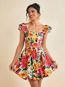 TIYA Vestido mini con escote y cintura cortados y bajo con volantes de estampado tropical para primavera y verano - Multicolor - Ver 4