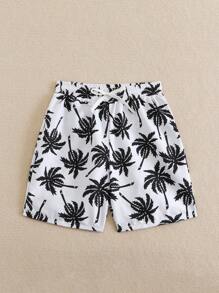 Tween Boys' Coconut Tree Print Woven Fabric Swimming Trunks - Black and White - View 6
