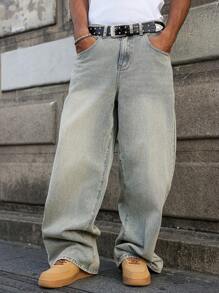 Manfinity Hypemode 男式浅蓝色复古水洗宽松阔腿牛仔裤 - 淺色水洗藍 - 查看 6