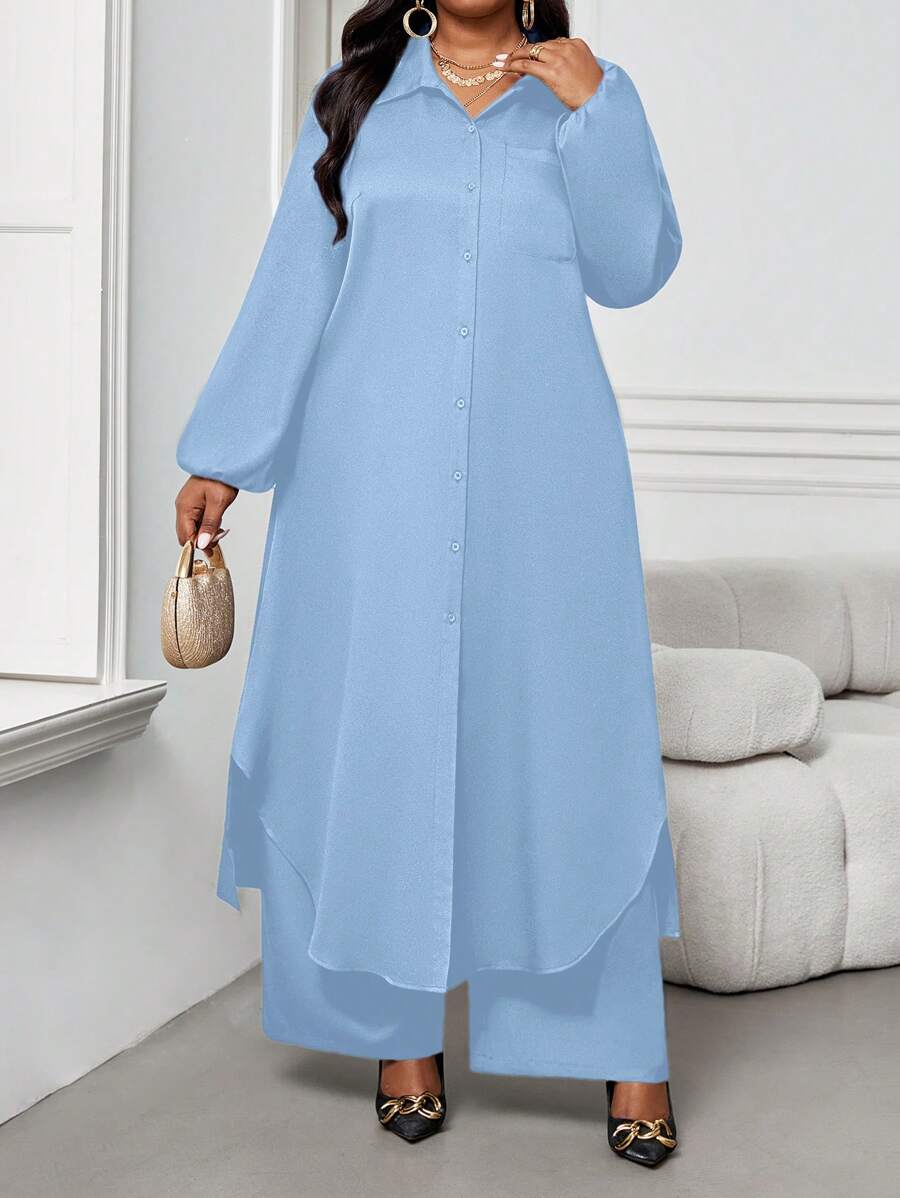 SHEIN Lady Autumn And Winter Casual Elegant Work Navy Blue Woven Shirt Collar Bishop Sleeve Pocket Long Long Sleeve Plus Size Co-Ords - Baby Blue - View 1