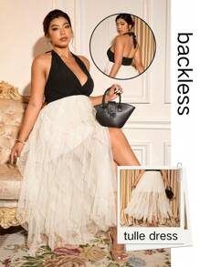 Allurite Plus Size Backless Halter Midi Party Dress: Sleeveless Apricot Tulle Dress With Pleated Details And A Flared Hem For Summer - Apricot - View 1