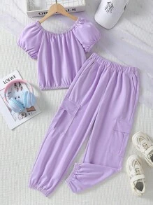 Girls Knit Sweatsuit Set,Purple,Summer,Casual,School Soft Stretchy Fabric Square Neckline Puff Sleeves Top & Pants Everyday Outfit - Purple - View 6