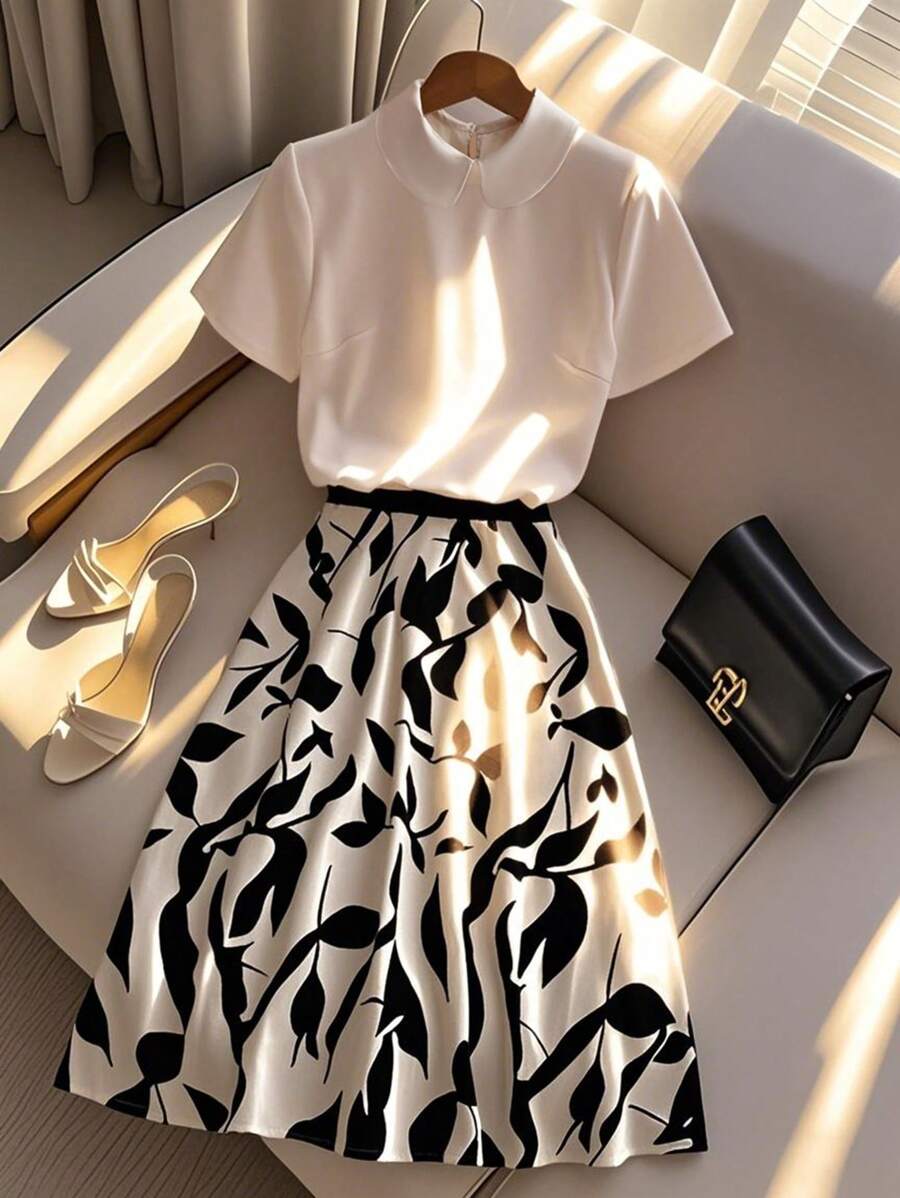 Franclia 2pcs Set Women Elegant Apricot Print Outfit, Spring/Summer - Apricot - View 1