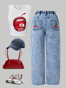 SHEIN Wildeya Spring/Summer 2pcs Set Tween Girls Me Minimalist Casual Dark Cherry Print Tank Top Paired With Denim Pocket Embroidery Wide Leg Pants, Suitable For Daily, Commute, Holiday, Hanging Out With Friends