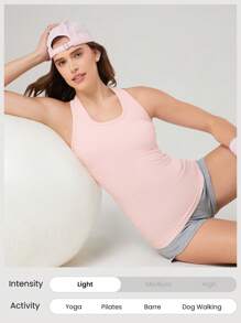 GLOWMODE Camiseta deportiva sin costuras y elástica con cuello en U y espalda de tirantes, de largo hasta la cadera, acanalada, para uso diario y casual, con copas extraíbles