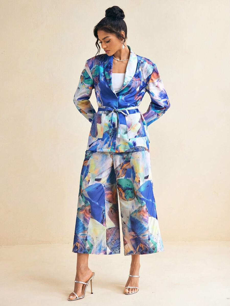 EBIB 夏季蓝色印花网眼直筒宽松裤度假休闲裤