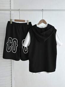 Summer,Holiday,Traveler2pcs/Set Teen Boy Summer Casual Letter Patched Hoodie Top And Shorts Set - Black - View 2