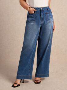 Elaquor Plus Size Casual Washed High Waist Loose Fit Jeans - Medium Wash - View 6