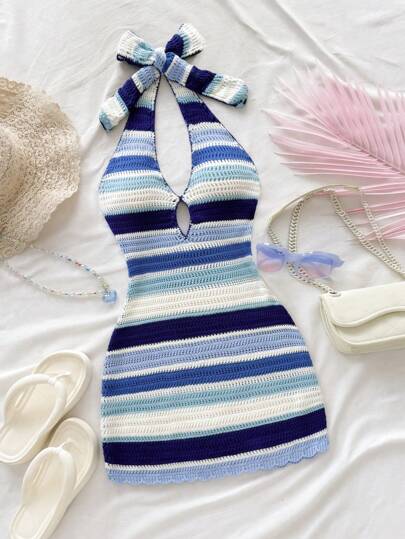 Soleia Vacation Halter Tie-Up Backless Contrast Striped Knitting Dress Woman S Summer Clothes Women Summer Clothing Women Short Dresses Summer Women S Clothes Work Summer Dresses