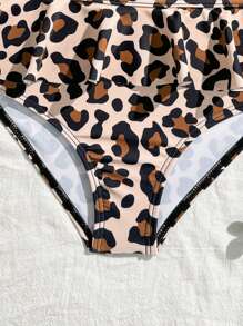SHEIN Costume da bagno a tankini per giovani ragazze, con stampa leopardata, balze e spalline
