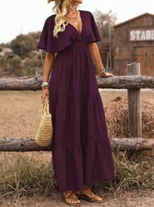 Breezaya فستان طويل بطبقات رخو وأكمام فضفاضة، من لون واحد بطراز بوهيمي لعطلات الشاطئ، رقبة على شكل حرف V وكشكشة، مناسب للربيع/الصيف - لون كستنائي - مشاهدة 8