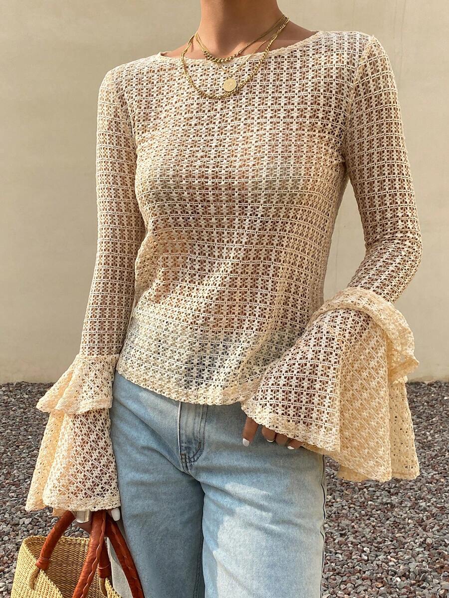 Livesso Women's Summer Casual Loose Beach Holiday Style Mesh See-Through T-Shirt,Ruffle Long Sleeve Women Tops - Apricot - View 1
