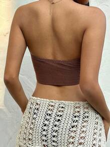 Sunnyshic Women's Hollow-Out Knit Asymmetrical Hem Shell Tassel Trim Casual Blouse - Coffee Brown - View 2