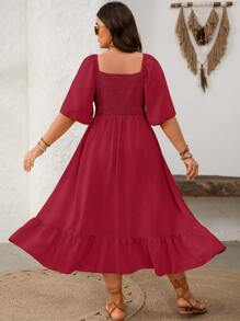 SHEIN Clasi Plus Size 3D Cut-Out Flare Hem Short Sleeve Dress - Red - View 2
