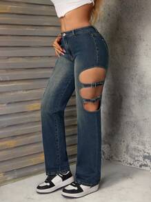 SHEIN SXY Damen Jeans mit niedriger Taille, weite gerade Passform mit Aushöhlung, Vintage-Mode, Neu im Sommer - Blau - Übersicht 4