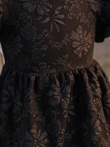 SHEIN Young Girl Solid Color Floral Jacquard Ruffle Trim Fitted Dress - Black - View 7
