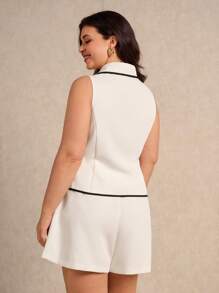 Elaquor Plus Size Commuting Contrast Trim Vest & Shorts 2 Pieces Set