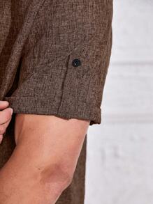 Manfinity Homme Plus Size Men Regular Fit Solid Color Rolled Sleeve Single Breasted Casual Shirt - Brown - View 5