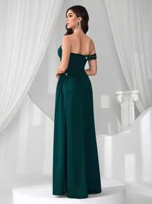 Coutiva Elegant Solid Green Sleeveless Rhinestone Embellished Long Evening Gown With Side Slit, Formal, Party Dress, For Wedding Guest - Dark Green - View 2
