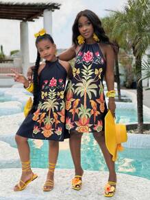 Tween Girl Tropical Ruffled Halter A-Line Dress, Suitable For Vacation And Beach, Mommy And Me Matching Outfits (2 Pieces Are Sold Separately) - Black - View 1