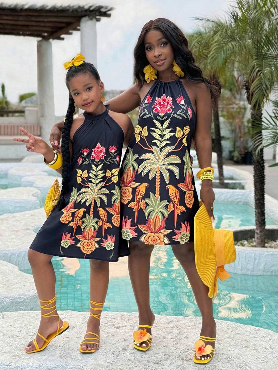 Tween Girl Tropical Ruffled Halter A-Line Dress, Suitable For Vacation And Beach, Mommy And Me Matching Outfits (2 Pieces Are Sold Separately) - Black - View 1