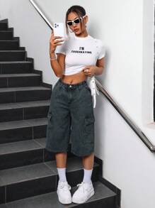 SHEIN ICON Shorts vaqueros de unicolor para mujer, de moda para el verano