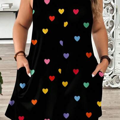컬러풀한 하트 프린트 캐주얼 점프수트 Plus Size