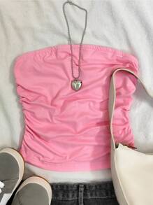 INAWLY Top bandeau plisado de unicolor informal de verano - Rosa Pálido - Ver 1