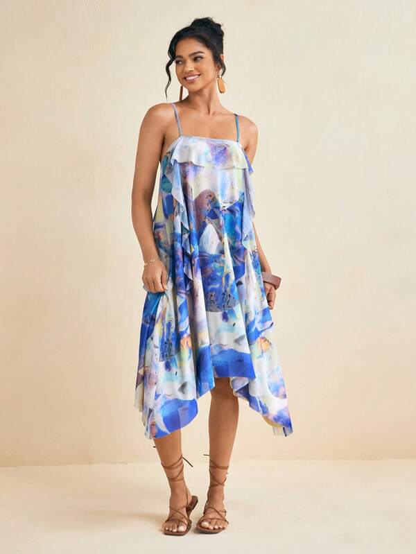 EBIB Summer Blue Printed Mesh A-Line Spaghetti Straps Ruffled Midi Dress Women Summer Vacation Dress