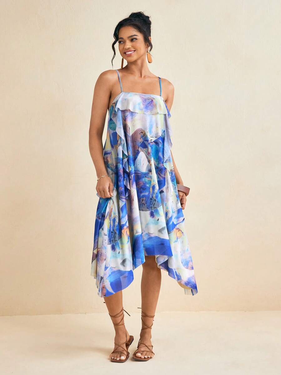 EBIB 夏季蓝色印花网眼 A 字形细肩带荷叶边中长连衣裙女士夏季度假连衣裙