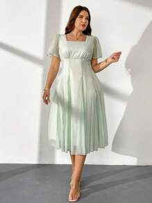 Firerie Đầm midi tay bèo nhún cổ chữ V thanh lịch cỡ lớn, dáng chữ A, thoải mái & giản dị, màu xanh lá cây nhạt, mùa xuân/hè - màu xanh lá - Xem 6