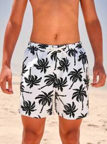 Tween Boys' Coconut Tree Print Woven Fabric Swimming Trunks - Black and White - View 1