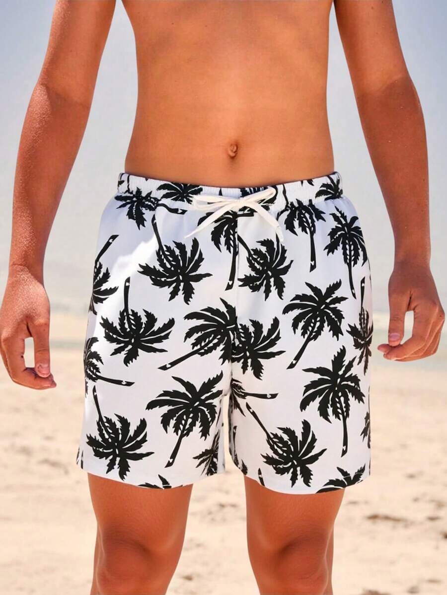 Tween Boys' Coconut Tree Print Woven Fabric Swimming Trunks - Black and White - View 1