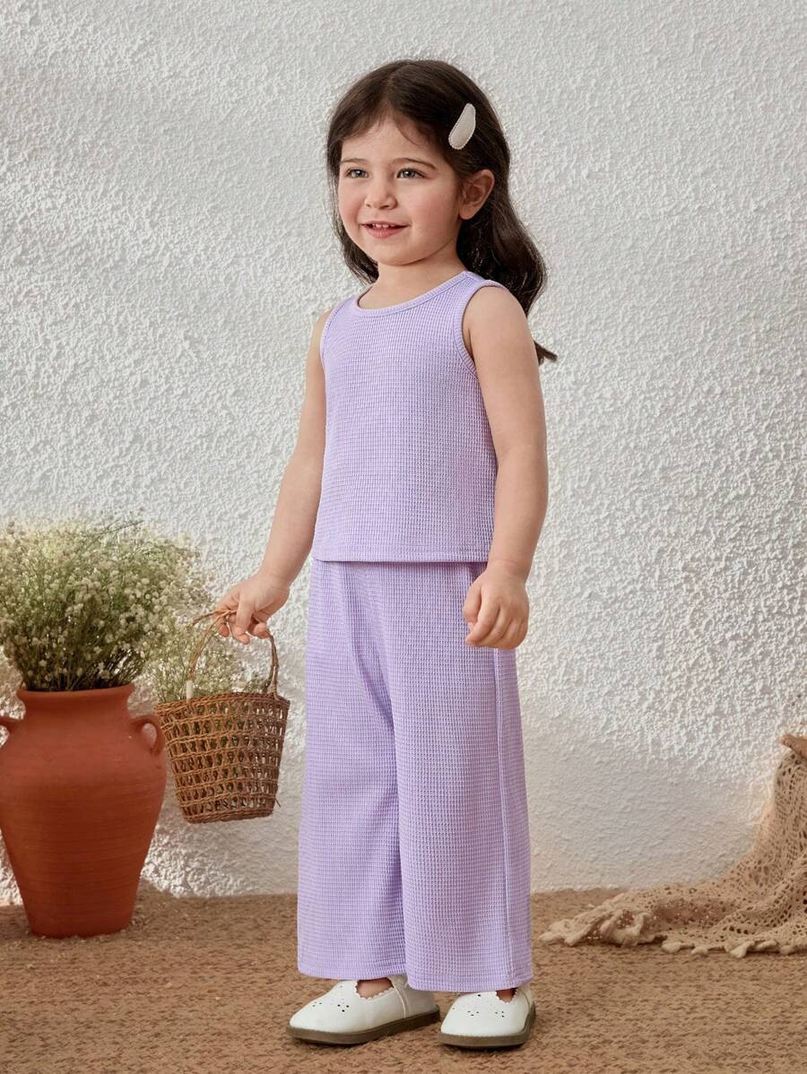 Blossori Baby Girls French Elegant Purple Knit Vest/Long Pants Set, Spring/Summer - Purple - View 1