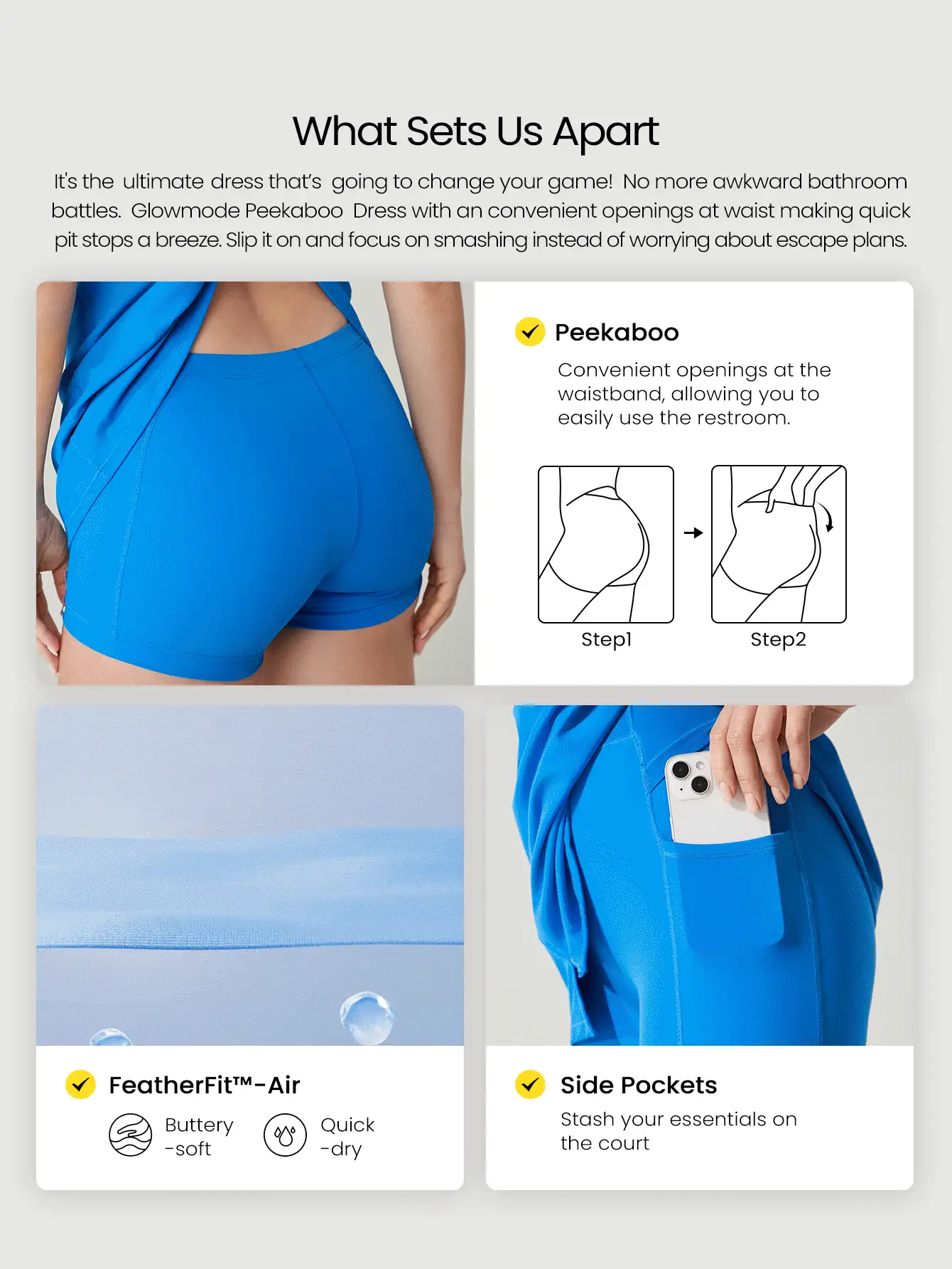 GLOWMODE FeatherFit™-Air Match Point Peekaboo 修身接缝 前开衩 方领 工字背 运动连衣裙 内置短裤 侧袋 防滑握把 低冲击力 网球 高尔夫 匹克球 日常穿着 - Blue Power - 查看 2