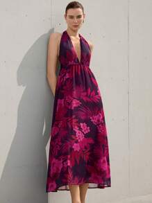 SHEIN Privé Váy xòe hở lưng cổ chữ V họa tiết hoa phong phú, chất liệu vải chiffon thoải mái, kiểu Pháp thanh lịch & tinh tế dành cho nữ, đơn giản & sang trọng - Nhiều màu - Xem 3