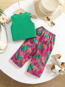 Travachic KIDS Baby Girls' Cute Floral Print Knit Camisole And Long Pants Set For Summer - Green - View 2