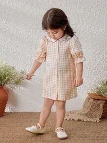 Blossori Baby Girls Ruffle Collar Rabbit Embroidered Front Placket A-Line Dress - Khaki - View 1
