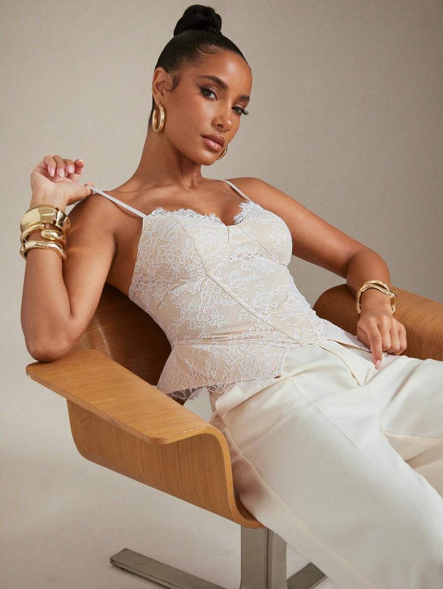Hauture Lace Peplum Asymmetrical Hem Cami Strap Top - White - View 1