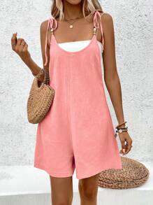 Breezaya Mono de algodón lavado de unicolor con cuello redondo y decoración de perlas para vacaciones - Rosa - Ver 5