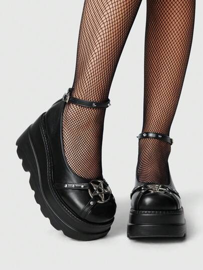 Grunge Punk Scarpe Mary Jane da donna con borchie, stile punk rock gotico, punta tonda, zeppa platform, 10 cm, colore nero, adatte per primavera, vacanze di Pasqua e Ognissanti