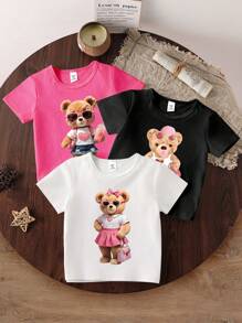 SHEIN GraphicGems Baby Girl Bear Print Round Neck Short Sleeve Top