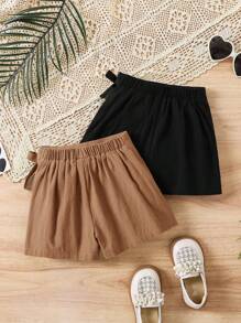 2pcs Young Girl Fashion Solid Color Coordinated Casual Shorts Set, School, Campus, College