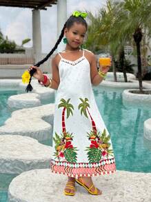 Vestido sin mangas con estampado tropical para niñas preadolescentes, ropa de playa y resort de verano, conjunto a juego de madre e hija (se venden por separado 2 piezas)