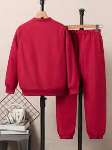 SHEIN Tween Boy Long Sleeve Zip-Up Jacket & Pants Green Outfit Set - Burgundy - View 2