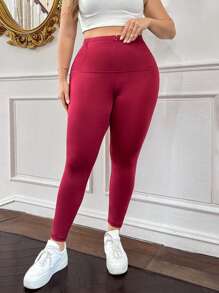 SHEIN Privé 大码女式百搭百搭纽扣高腰拉链紧身裤，黑色；高弹力修身紧身裤