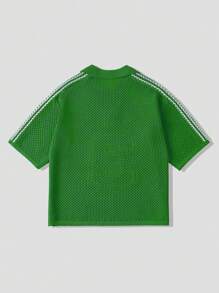 ROMWE MEN Prep Men's Digit Pattern Casual Knitted Polo Shirt, Short Sleeve - Green - View 2